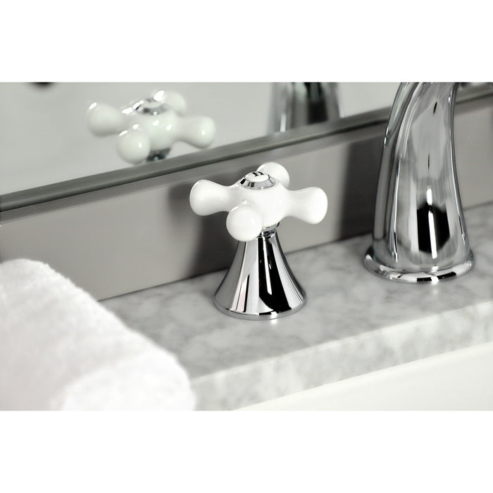 Kingston Tulare KS2971PX - Naples Two-Handle 3-Hole Deck Mount Widespread Bathroom Faucet with Brass Pop-Up, Polished Chrome