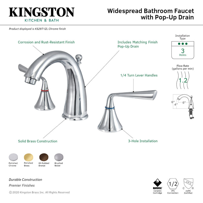 Kingston Tulare KS2971ZL - Silver Sage Two-Handle 3-Hole Deck Mount Widespread Bathroom Faucet with Brass Pop-Up, Polished Chrome