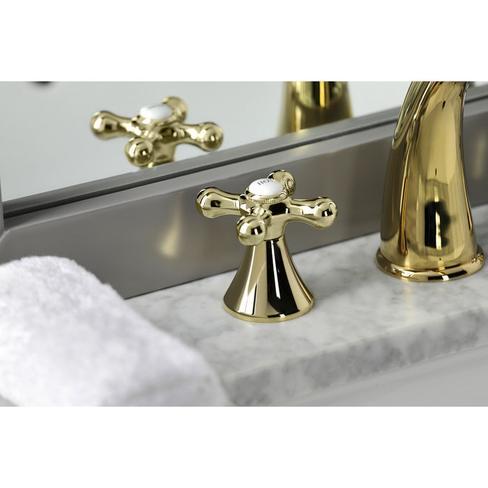 Kingston Tulare KS2972AX - Naples Two-Handle 3-Hole Deck Mount Widespread Bathroom Faucet with Brass Pop-Up, Polished Brass