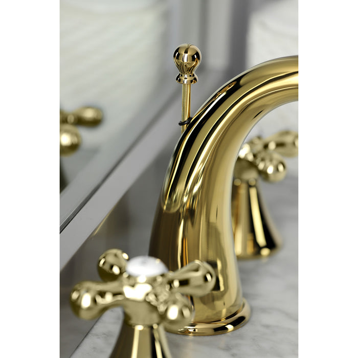 Kingston Tulare KS2972AX - Naples Two-Handle 3-Hole Deck Mount Widespread Bathroom Faucet with Brass Pop-Up, Polished Brass