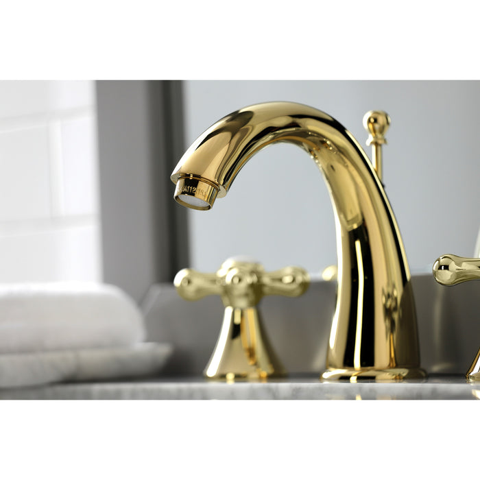 Kingston Tulare KS2972AX - Naples Two-Handle 3-Hole Deck Mount Widespread Bathroom Faucet with Brass Pop-Up, Polished Brass