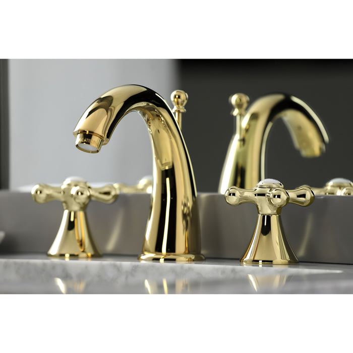 Kingston Tulare KS2972AX - Naples Two-Handle 3-Hole Deck Mount Widespread Bathroom Faucet with Brass Pop-Up, Polished Brass