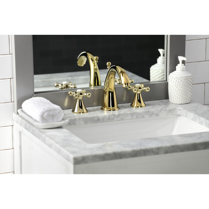Kingston Tulare KS2972AX - Naples Two-Handle 3-Hole Deck Mount Widespread Bathroom Faucet with Brass Pop-Up, Polished Brass