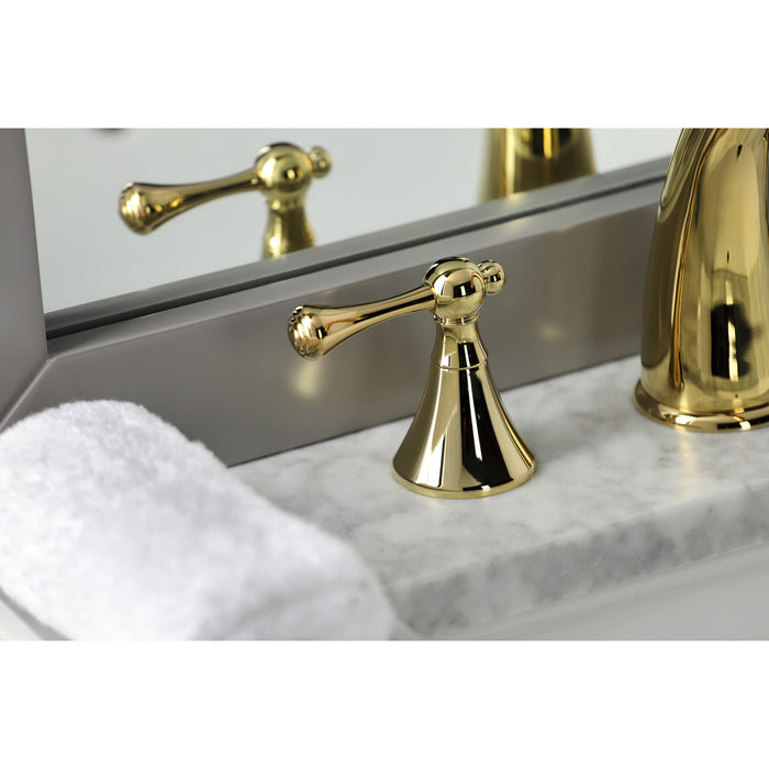 English Country KS2972BL Two-Handle 3-Hole Deck Mount Widespread Bathroom Faucet with Brass Pop-Up, Polished Brass