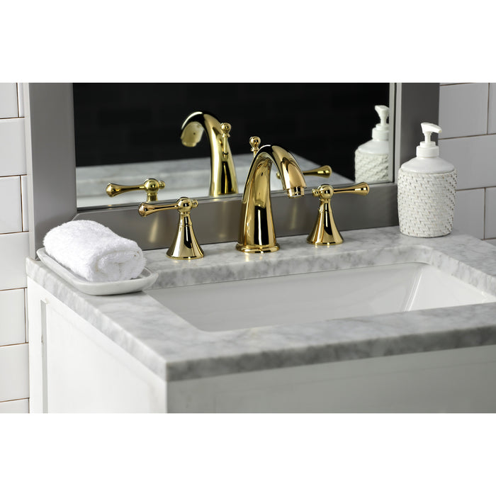 English Country KS2972BL Two-Handle 3-Hole Deck Mount Widespread Bathroom Faucet with Brass Pop-Up, Polished Brass