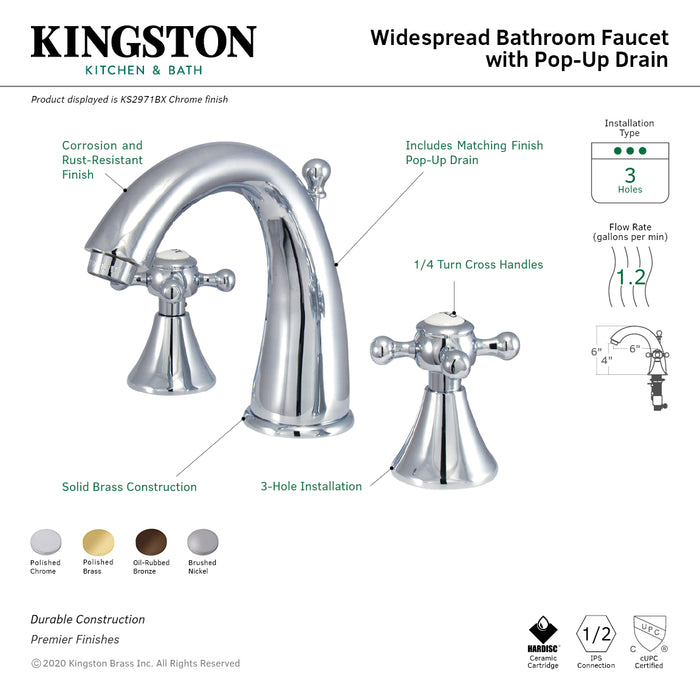 Kingston Tulare KS2972BX - English Country Two-Handle 3-Hole Deck Mount Widespread Bathroom Faucet with Brass Pop-Up, Polished Brass