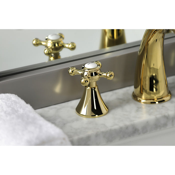 Kingston Tulare KS2972BX - English Country Two-Handle 3-Hole Deck Mount Widespread Bathroom Faucet with Brass Pop-Up, Polished Brass