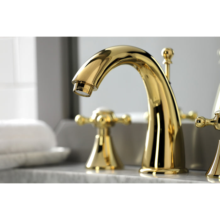 Kingston Tulare KS2972BX - English Country Two-Handle 3-Hole Deck Mount Widespread Bathroom Faucet with Brass Pop-Up, Polished Brass