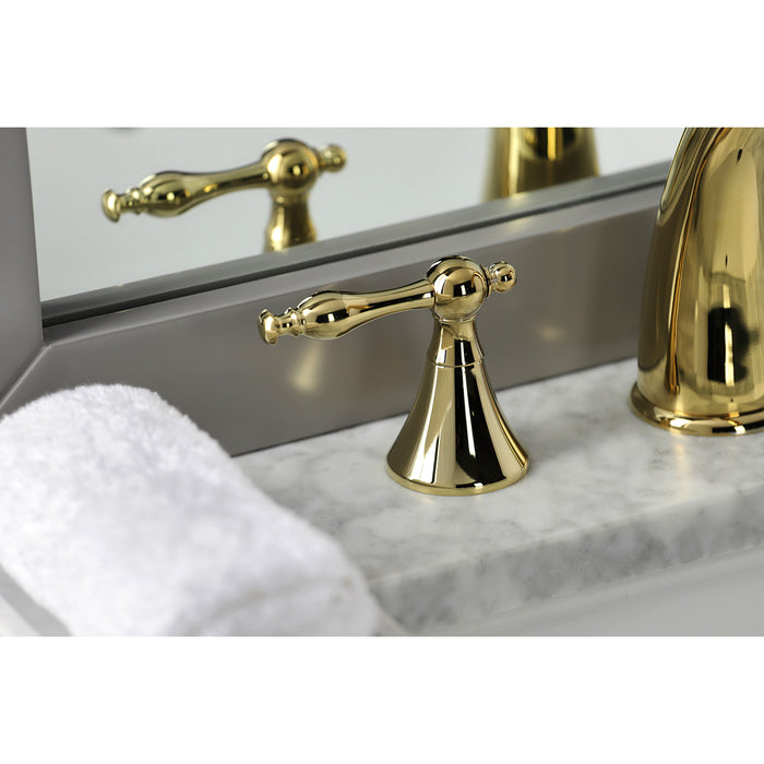 Kingston Tulare KS2972NL - Naples Two-Handle 3-Hole Deck Mount Widespread Bathroom Faucet with Brass Pop-Up, Polished Brass
