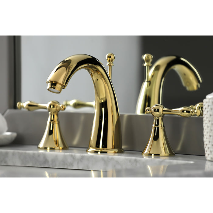 Kingston Tulare KS2972NL - Naples Two-Handle 3-Hole Deck Mount Widespread Bathroom Faucet with Brass Pop-Up, Polished Brass