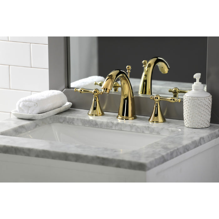 Kingston Tulare KS2972NL - Naples Two-Handle 3-Hole Deck Mount Widespread Bathroom Faucet with Brass Pop-Up, Polished Brass