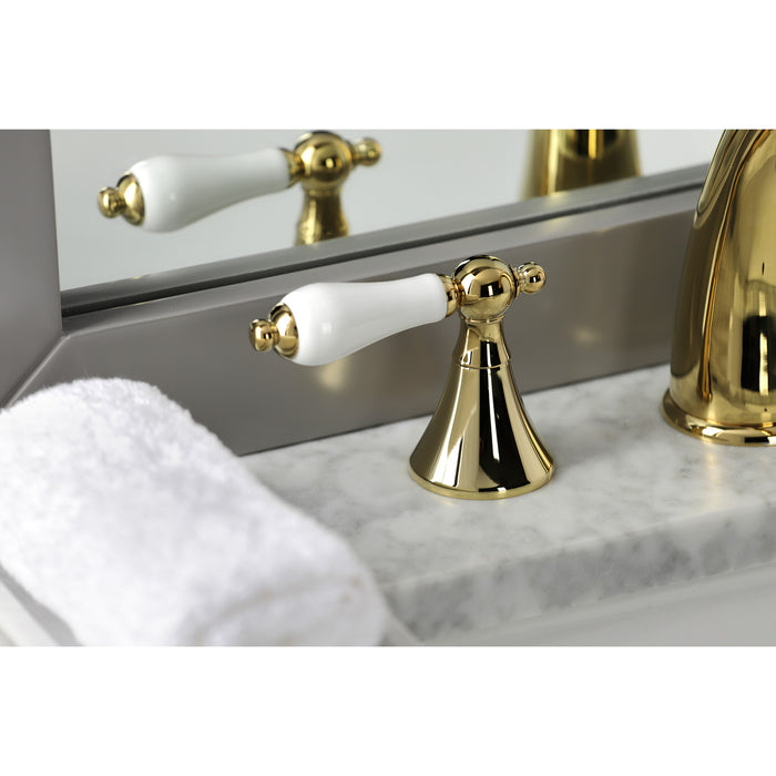 Kingston Tulare KS2972PL - Naples Two-Handle 3-Hole Deck Mount Widespread Bathroom Faucet with Brass Pop-Up, Polished Brass