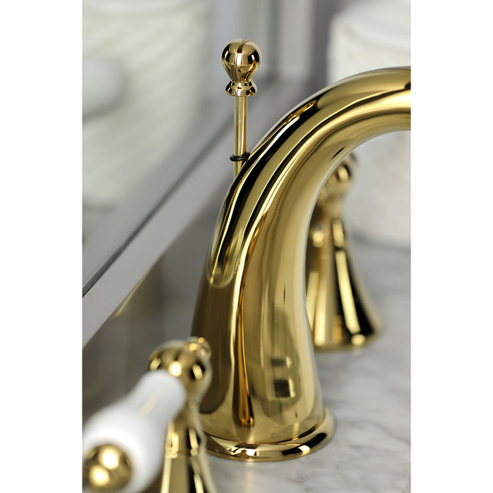 Kingston Tulare KS2972PL - Naples Two-Handle 3-Hole Deck Mount Widespread Bathroom Faucet with Brass Pop-Up, Polished Brass