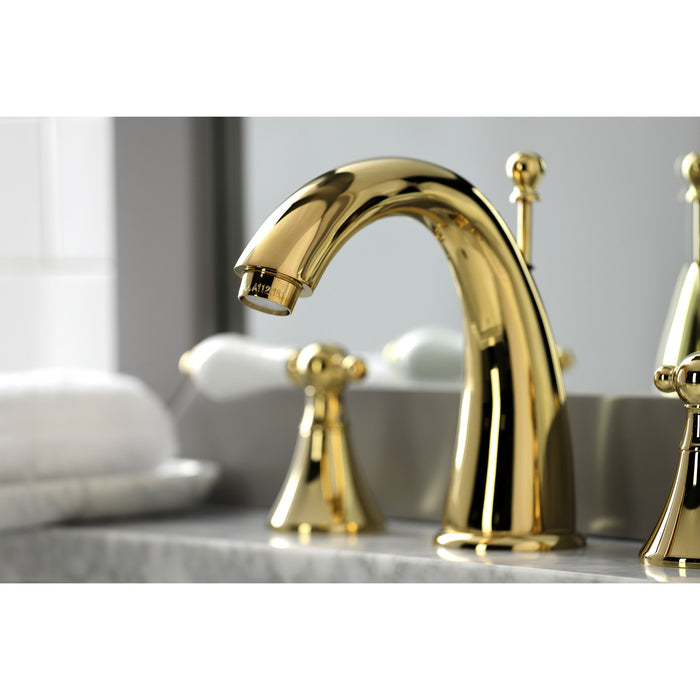 Kingston Tulare KS2972PL - Naples Two-Handle 3-Hole Deck Mount Widespread Bathroom Faucet with Brass Pop-Up, Polished Brass