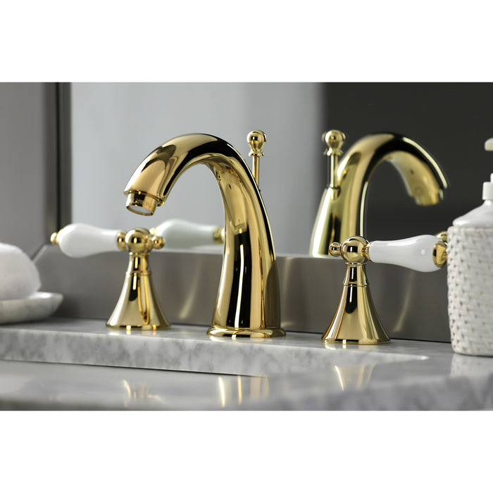 Kingston Tulare KS2972PL - Naples Two-Handle 3-Hole Deck Mount Widespread Bathroom Faucet with Brass Pop-Up, Polished Brass