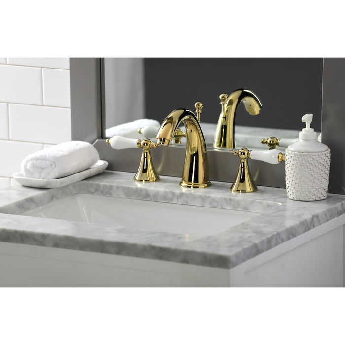 Kingston Tulare KS2972PL - Naples Two-Handle 3-Hole Deck Mount Widespread Bathroom Faucet with Brass Pop-Up, Polished Brass