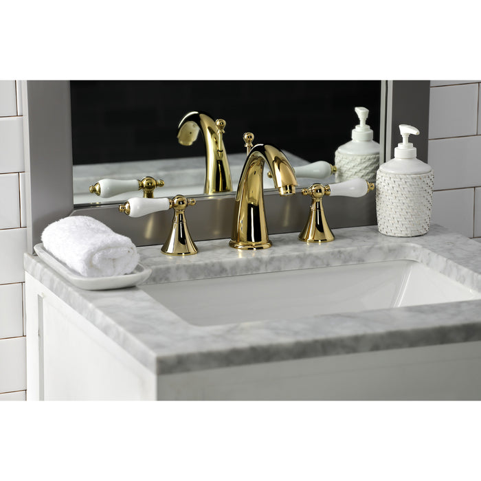 Kingston Tulare KS2972PL - Naples Two-Handle 3-Hole Deck Mount Widespread Bathroom Faucet with Brass Pop-Up, Polished Brass