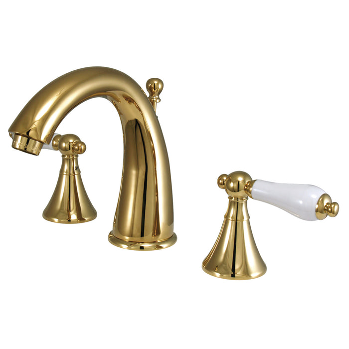 Kingston Tulare KS2972PL - Naples Two-Handle 3-Hole Deck Mount Widespread Bathroom Faucet with Brass Pop-Up, Polished Brass
