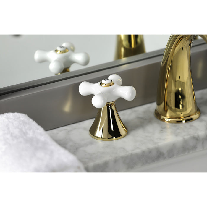 Kingston Tulare KS2972PX - Naples Two-Handle 3-Hole Deck Mount Widespread Bathroom Faucet with Brass Pop-Up, Polished Brass