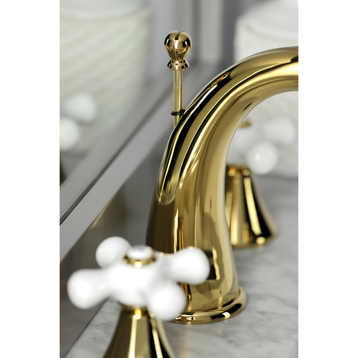 Kingston Tulare KS2972PX - Naples Two-Handle 3-Hole Deck Mount Widespread Bathroom Faucet with Brass Pop-Up, Polished Brass