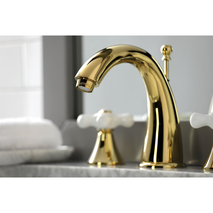 Kingston Tulare KS2972PX - Naples Two-Handle 3-Hole Deck Mount Widespread Bathroom Faucet with Brass Pop-Up, Polished Brass