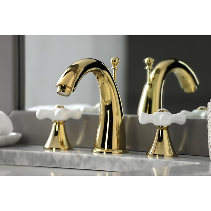 Kingston Tulare KS2972PX - Naples Two-Handle 3-Hole Deck Mount Widespread Bathroom Faucet with Brass Pop-Up, Polished Brass