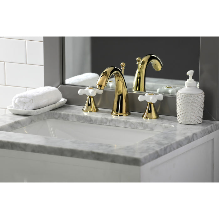 Kingston Tulare KS2972PX - Naples Two-Handle 3-Hole Deck Mount Widespread Bathroom Faucet with Brass Pop-Up, Polished Brass