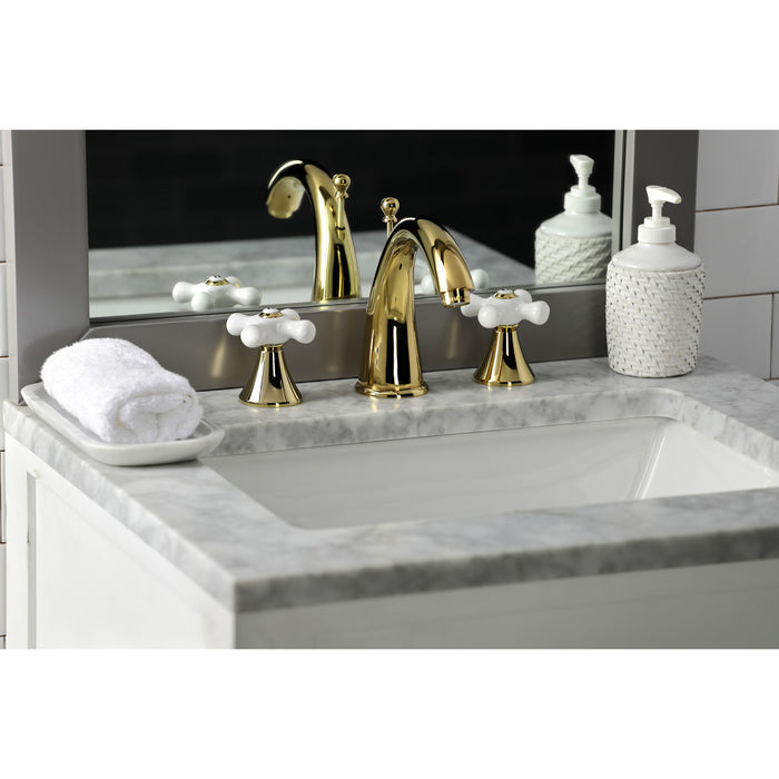 Kingston Tulare KS2972PX - Naples Two-Handle 3-Hole Deck Mount Widespread Bathroom Faucet with Brass Pop-Up, Polished Brass