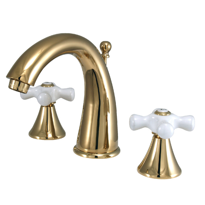 Kingston Tulare KS2972PX - Naples Two-Handle 3-Hole Deck Mount Widespread Bathroom Faucet with Brass Pop-Up, Polished Brass