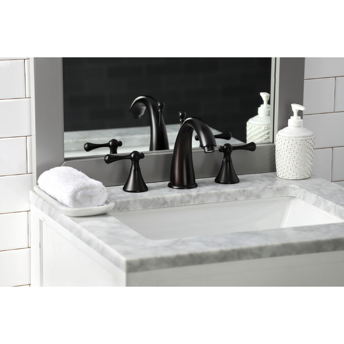 Kingston Tulare KS2975BL - English Country Two-Handle 3-Hole Deck Mount Widespread Bathroom Faucet with Brass Pop-Up, Oil Rubbed Bronze