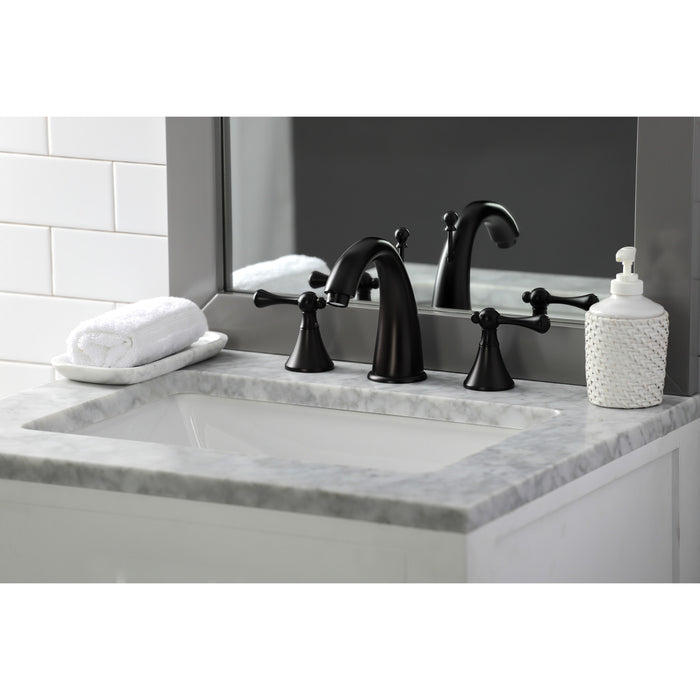 Kingston Tulare KS2975BL - English Country Two-Handle 3-Hole Deck Mount Widespread Bathroom Faucet with Brass Pop-Up, Oil Rubbed Bronze