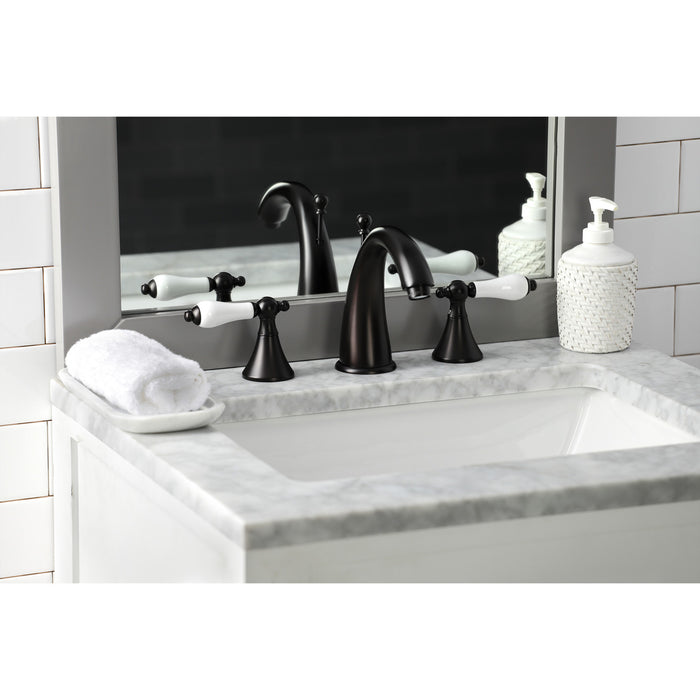Kingston Tulare KS2975PL - Naples Two-Handle 3-Hole Deck Mount Widespread Bathroom Faucet with Brass Pop-Up, Oil Rubbed Bronze