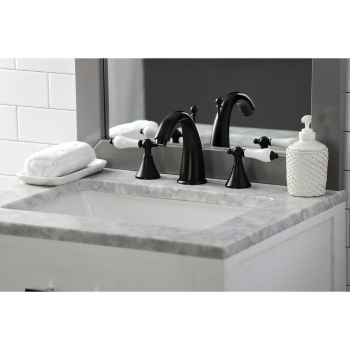 Kingston Tulare KS2975PL - Naples Two-Handle 3-Hole Deck Mount Widespread Bathroom Faucet with Brass Pop-Up, Oil Rubbed Bronze