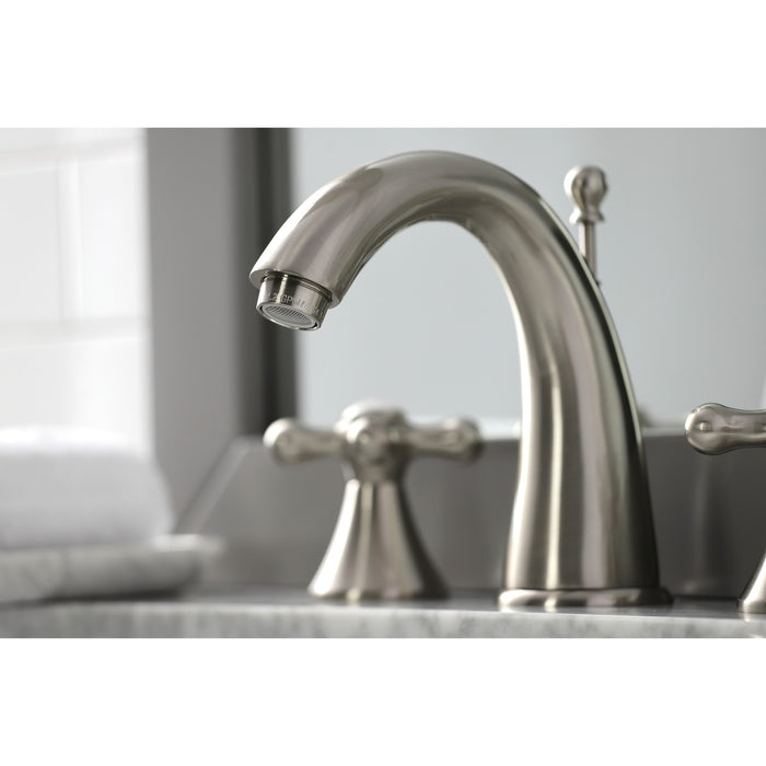 Kingston Tulare KS2978AX - Naples Two-Handle 3-Hole Deck Mount Widespread Bathroom Faucet with Brass Pop-Up, Brushed Nickel