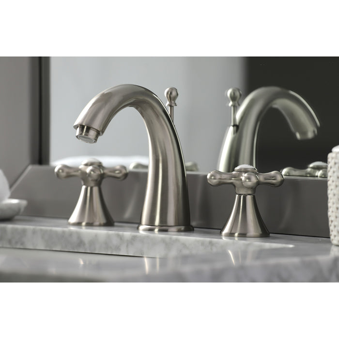 Kingston Tulare KS2978AX - Naples Two-Handle 3-Hole Deck Mount Widespread Bathroom Faucet with Brass Pop-Up, Brushed Nickel
