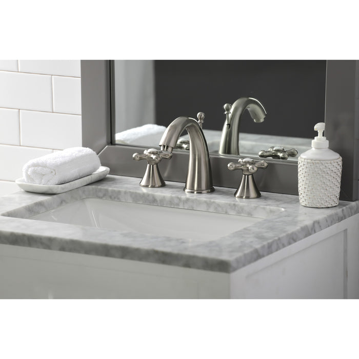 Kingston Tulare KS2978AX - Naples Two-Handle 3-Hole Deck Mount Widespread Bathroom Faucet with Brass Pop-Up, Brushed Nickel