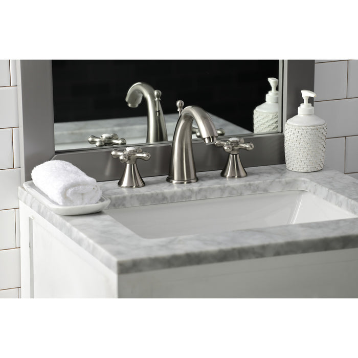 Kingston Tulare KS2978AX - Naples Two-Handle 3-Hole Deck Mount Widespread Bathroom Faucet with Brass Pop-Up, Brushed Nickel