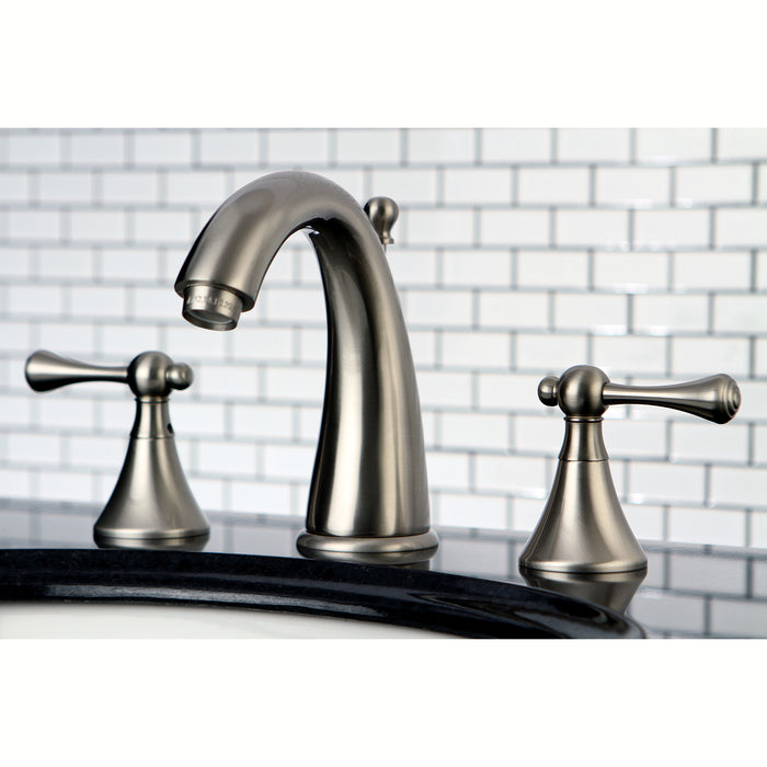 Kingston Tulare KS2978BL - English Country Two-Handle 3-Hole Deck Mount Widespread Bathroom Faucet with Brass Pop-Up, Brushed Nickel