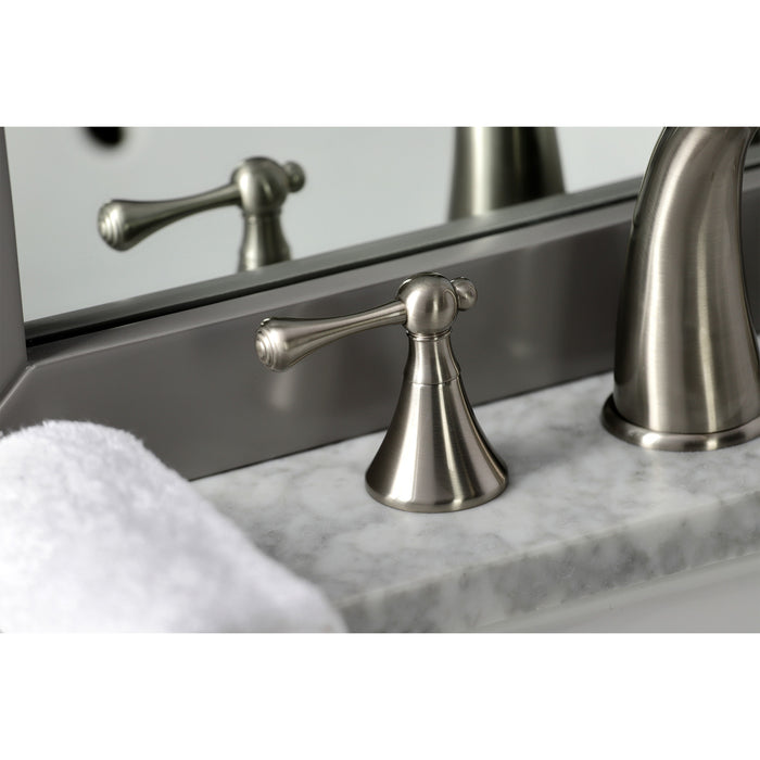 Kingston Tulare KS2978BL - English Country Two-Handle 3-Hole Deck Mount Widespread Bathroom Faucet with Brass Pop-Up, Brushed Nickel
