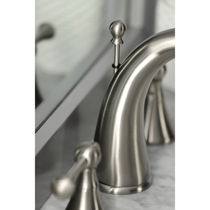 Kingston Tulare KS2978BL - English Country Two-Handle 3-Hole Deck Mount Widespread Bathroom Faucet with Brass Pop-Up, Brushed Nickel