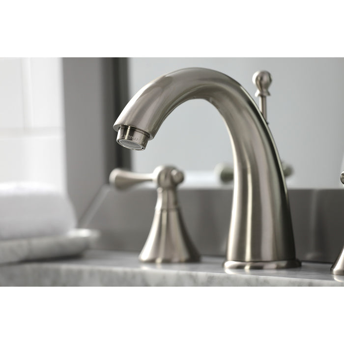 Kingston Tulare KS2978BL - English Country Two-Handle 3-Hole Deck Mount Widespread Bathroom Faucet with Brass Pop-Up, Brushed Nickel