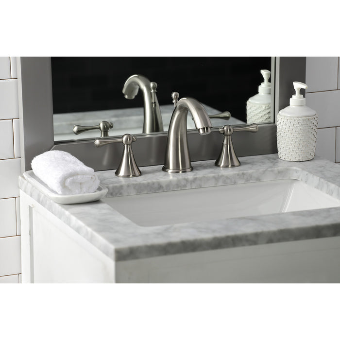 Kingston Tulare KS2978BL - English Country Two-Handle 3-Hole Deck Mount Widespread Bathroom Faucet with Brass Pop-Up, Brushed Nickel
