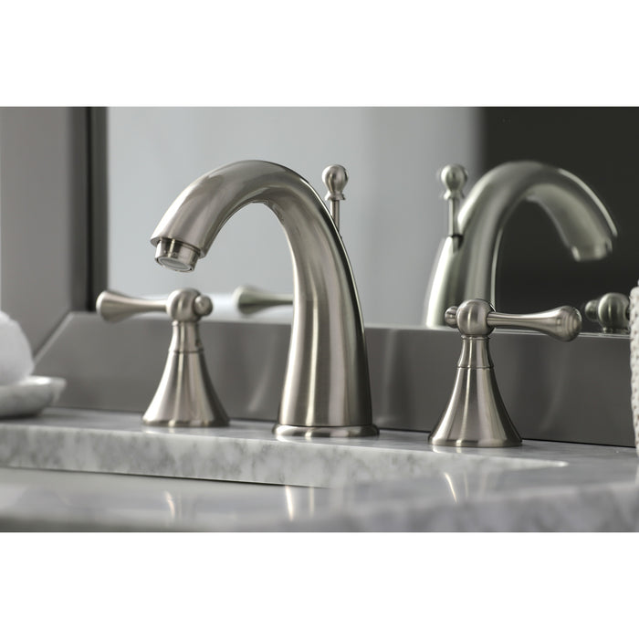 Kingston Tulare KS2978BL - English Country Two-Handle 3-Hole Deck Mount Widespread Bathroom Faucet with Brass Pop-Up, Brushed Nickel