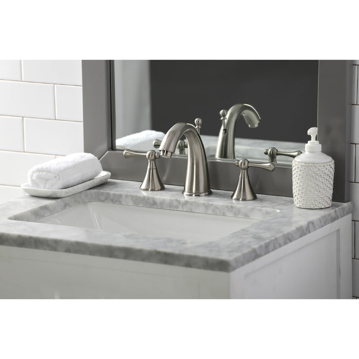 Kingston Tulare KS2978BL - English Country Two-Handle 3-Hole Deck Mount Widespread Bathroom Faucet with Brass Pop-Up, Brushed Nickel