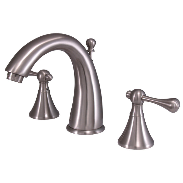 Kingston Tulare KS2978BL - English Country Two-Handle 3-Hole Deck Mount Widespread Bathroom Faucet with Brass Pop-Up, Brushed Nickel