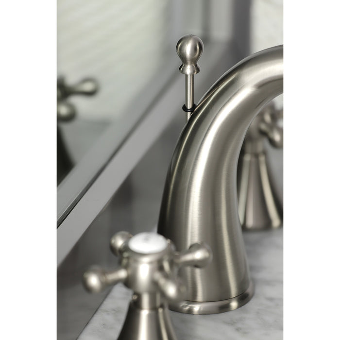 Kingston Tulare KS2978BX - English Country Two-Handle 3-Hole Deck Mount Widespread Bathroom Faucet with Brass Pop-Up, Brushed Nickel