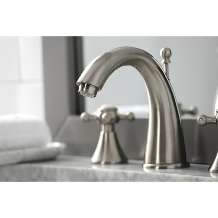Kingston Tulare KS2978BX - English Country Two-Handle 3-Hole Deck Mount Widespread Bathroom Faucet with Brass Pop-Up, Brushed Nickel