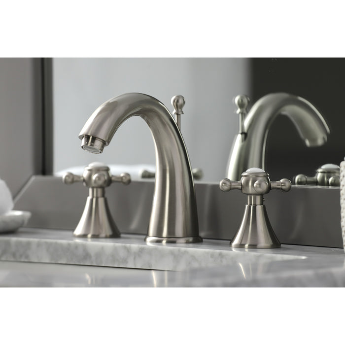 Kingston Tulare KS2978BX - English Country Two-Handle 3-Hole Deck Mount Widespread Bathroom Faucet with Brass Pop-Up, Brushed Nickel