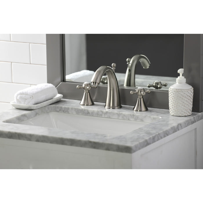 Kingston Tulare KS2978BX - English Country Two-Handle 3-Hole Deck Mount Widespread Bathroom Faucet with Brass Pop-Up, Brushed Nickel