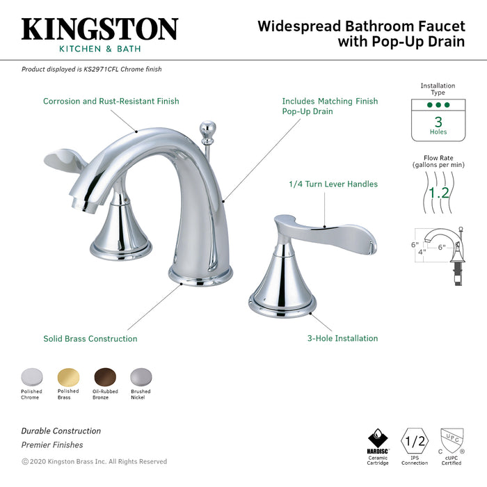 Kingston Tulare KS2978CFL - Century Two-Handle 3-Hole Deck Mount Widespread Bathroom Faucet with Brass Pop-Up, Brushed Nickel
